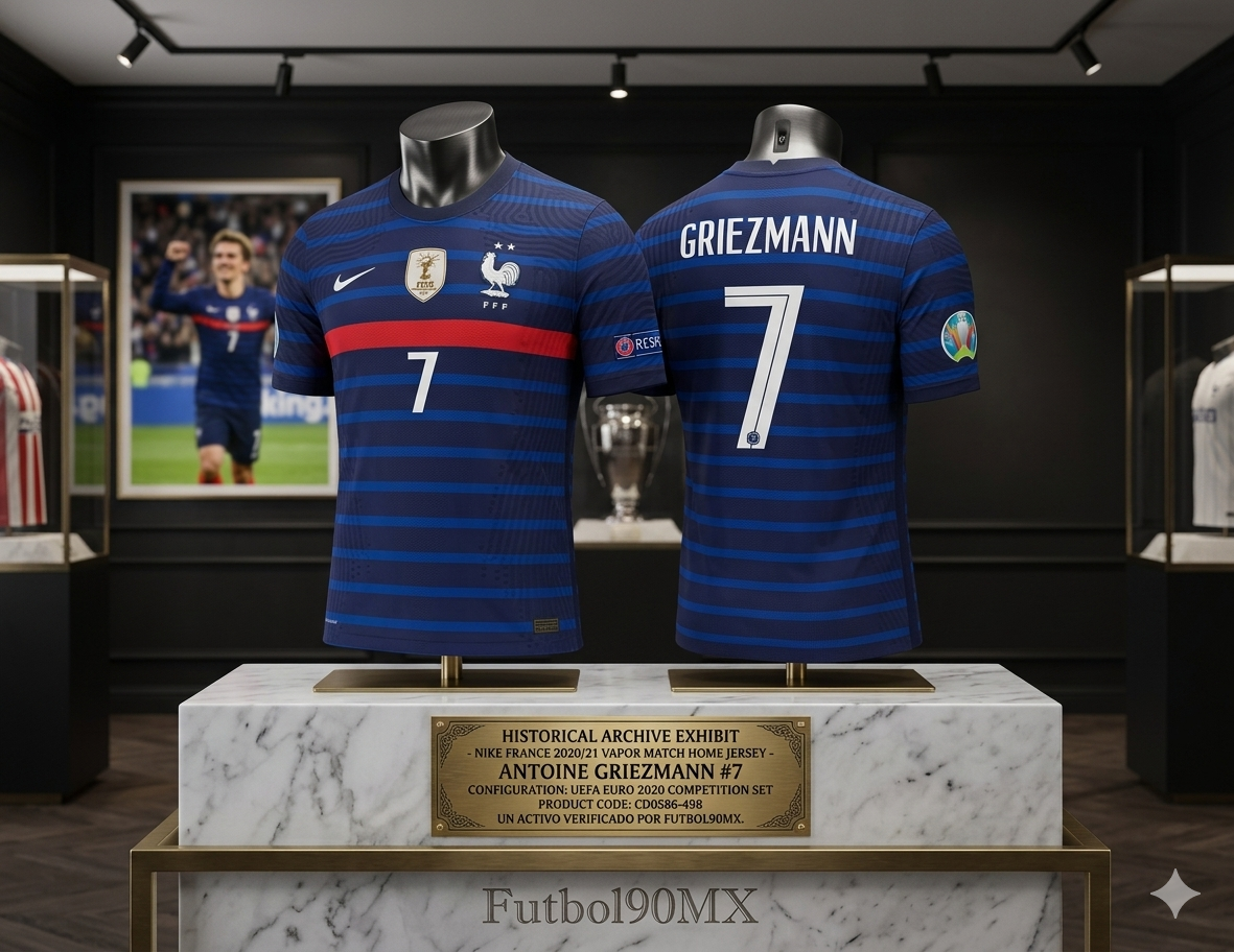 Exhibición de archivo histórico Jersey Francia Euro 2020 Vapor Match de Antoine Griezmann en pedestal de mármol activo de inversión Futbol90MX Nike CD0586-498