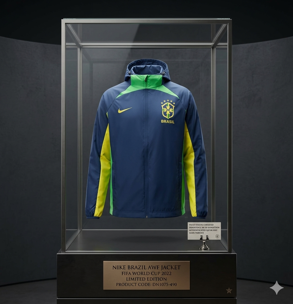 Chamarra Nike Brasil All-Weather Qatar 2022 en vitrina de exhibición de archivo, destacando el diseño técnico en azul costero y la placa de autenticidad con el código DN1075-490.