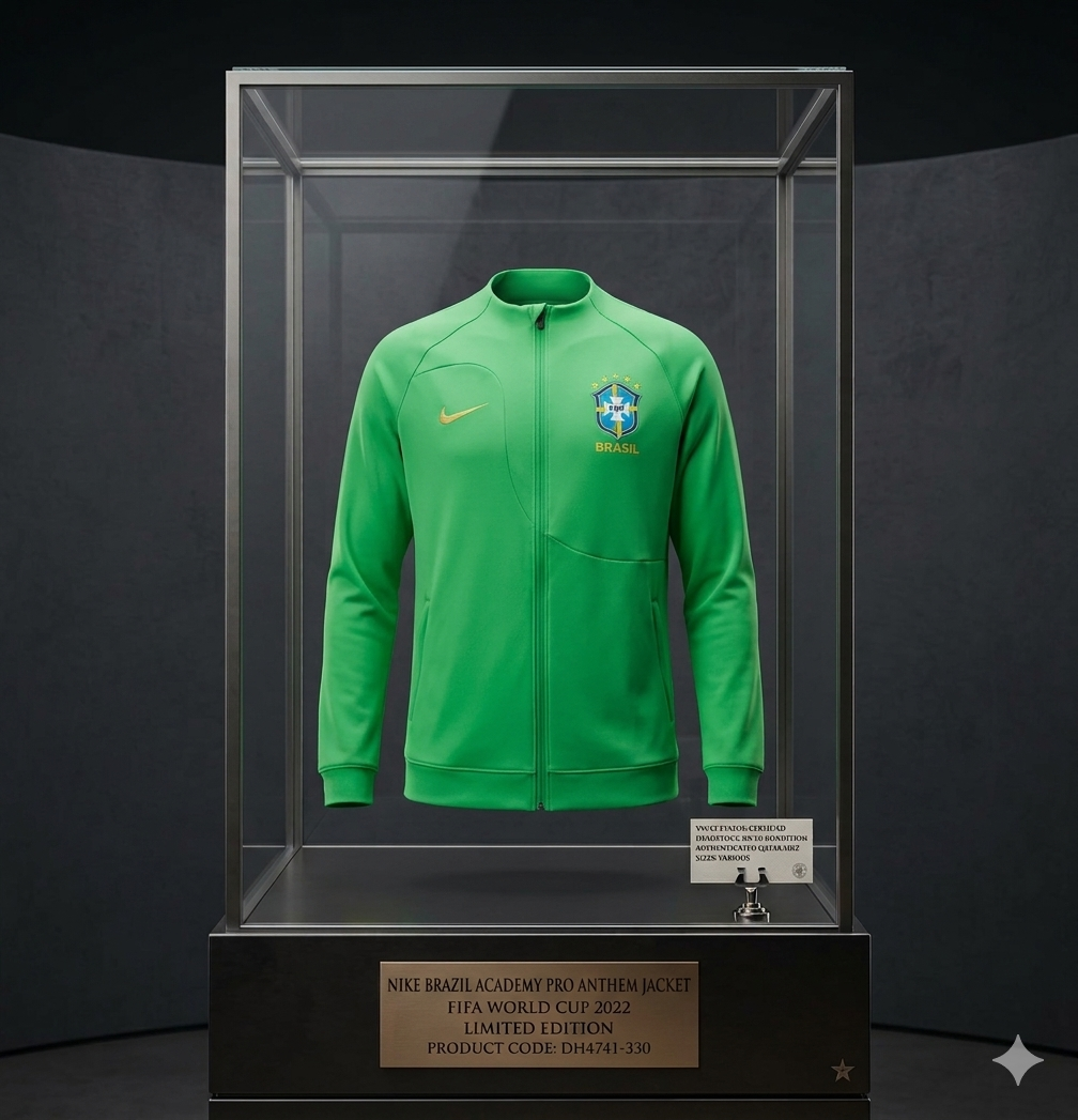 Chamarra Nike Brasil Anthem Academy Pro Qatar 2022 en color Green Spark, presentada en vitrina de archivo histórico con placa técnica y código de autenticidad DH4741-330.