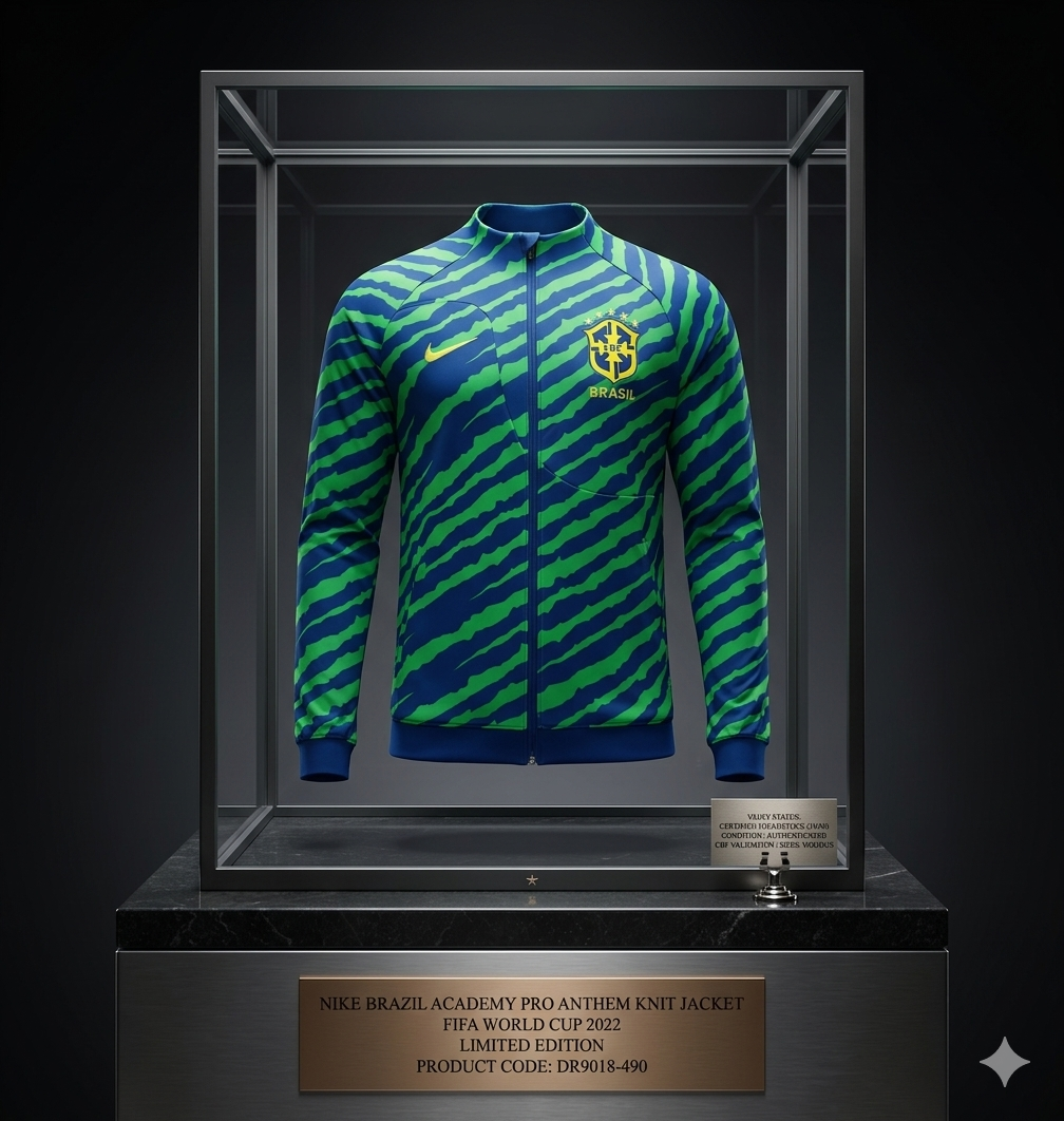 Chamarra Nike Brazil Academy Pro Anthem 2022 en vitrina de exhibición histórica, destacando el patrón de jaguar "Onça Pintada" y placa con el código de producto DR9018-490