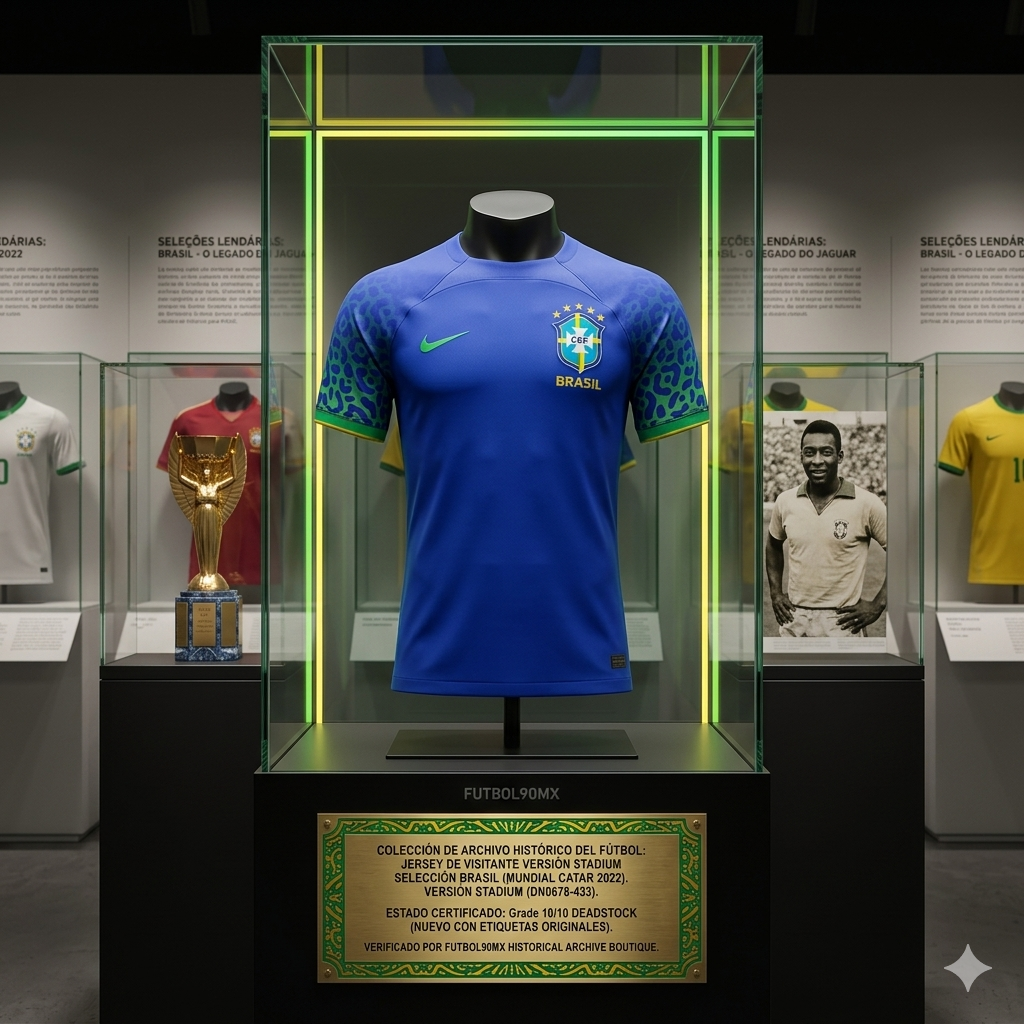 Exhibición de museo del jersey de visitante de la Selección Brasil (Mundial Catar 2022), versión Stadium. La prenda se encuentra en un gabinete de cristal con una placa metálica que certifica el código DN0678-433 y el estado Deadstock 10/10, bajo el sello de autenticidad de Futbol90MX Historical Archive Boutique.