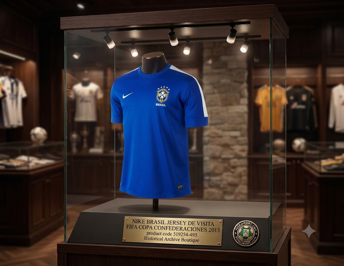 Fotografía con calidad de museo de la vitrina de archivo que contiene el jersey de visita Nike de Brasil 2013 (519254-493), con iluminación de acento y placas de identificación en latón y acrílico que detallan su procedencia, en Historical Archive Boutique Futbol90MX