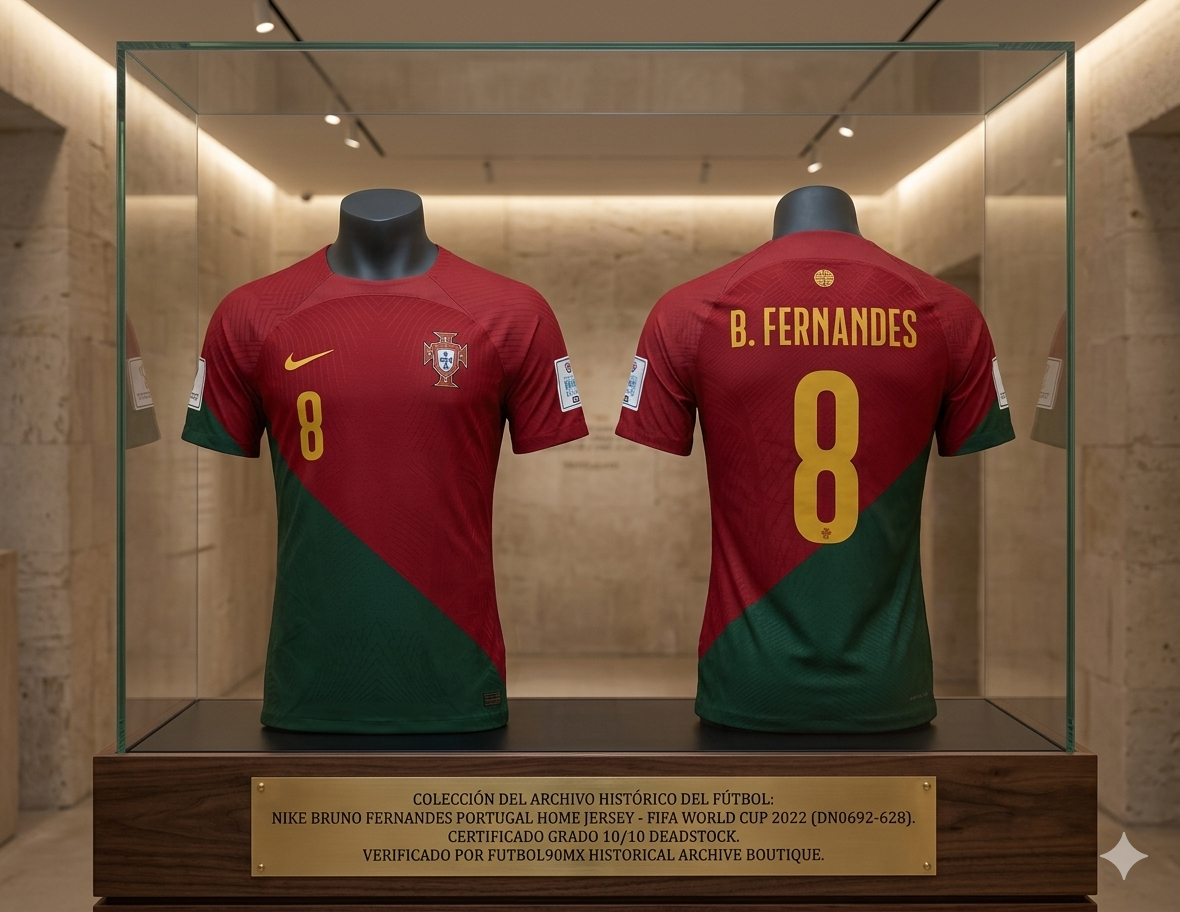 Exhibición de museo del jersey Nike Portugal Home 2022 edición Bruno Fernandes 8 codigo DN0692-628 dentro de una vitrina de cristal iluminada, acompañada de una placa técnica que certifica el estado Deadstock 10/10 y la autenticidad de la Historical Archive Boutique Futbol90MX, 