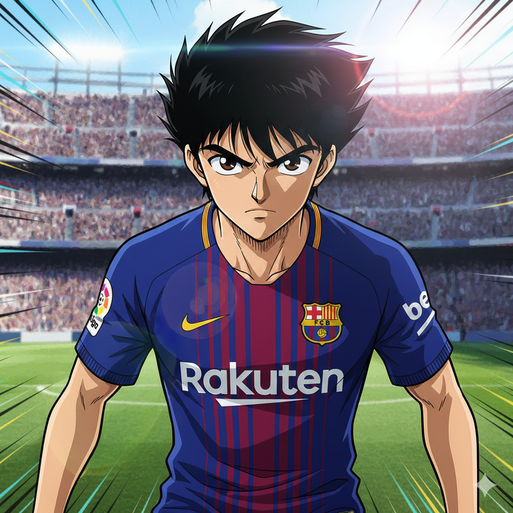 Ilustración estilo anime de Tsubasa Ozora (Oliver Atom) vistiendo el jersey oficial Nike FC Barcelona 2017-18, visual narrativo para Historical Archive Boutique.