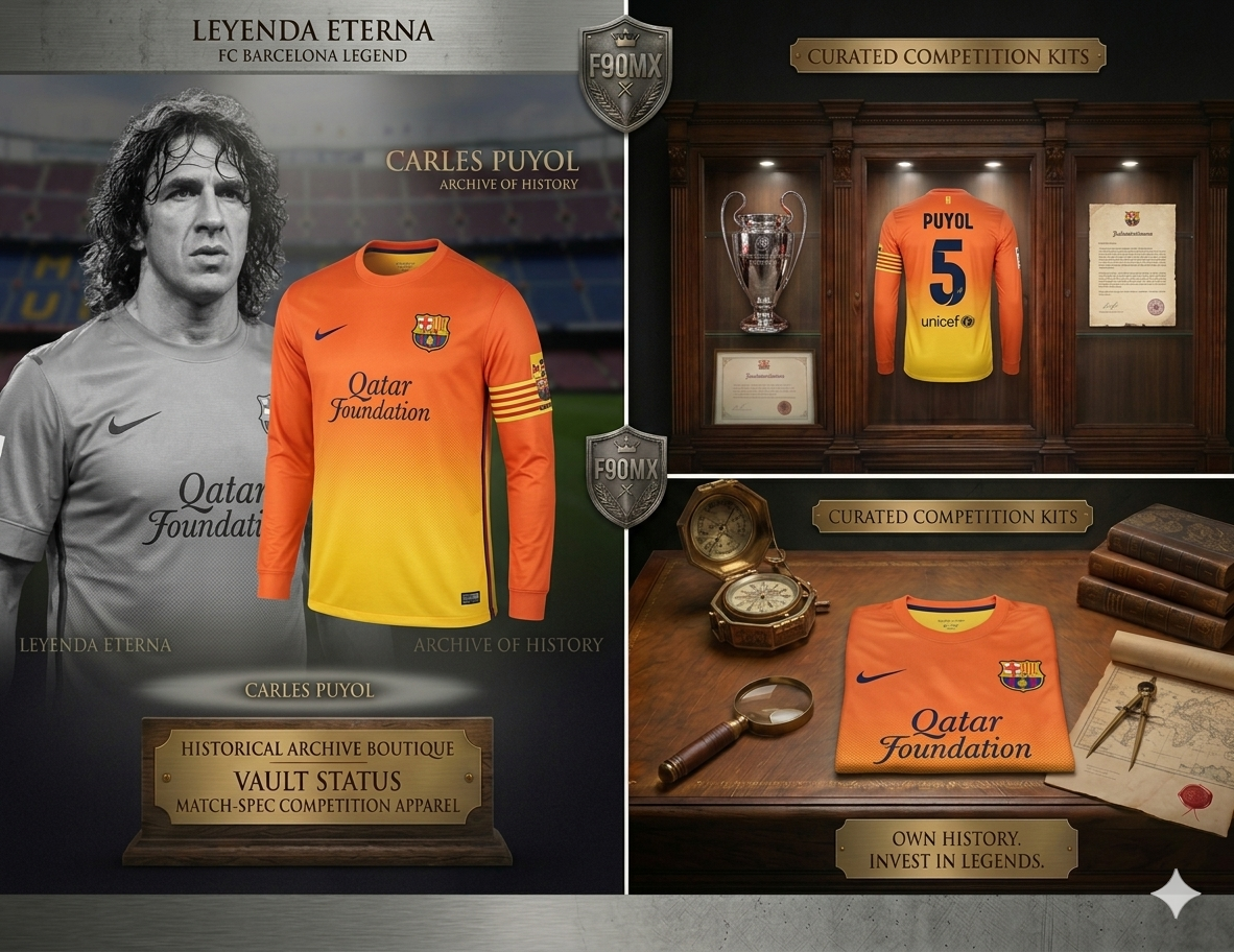 Collage de marketing estilo boutique con retrato de Carles Puyol, detalles del jersey de manga larga y exhibición en vitrina tipo museo.