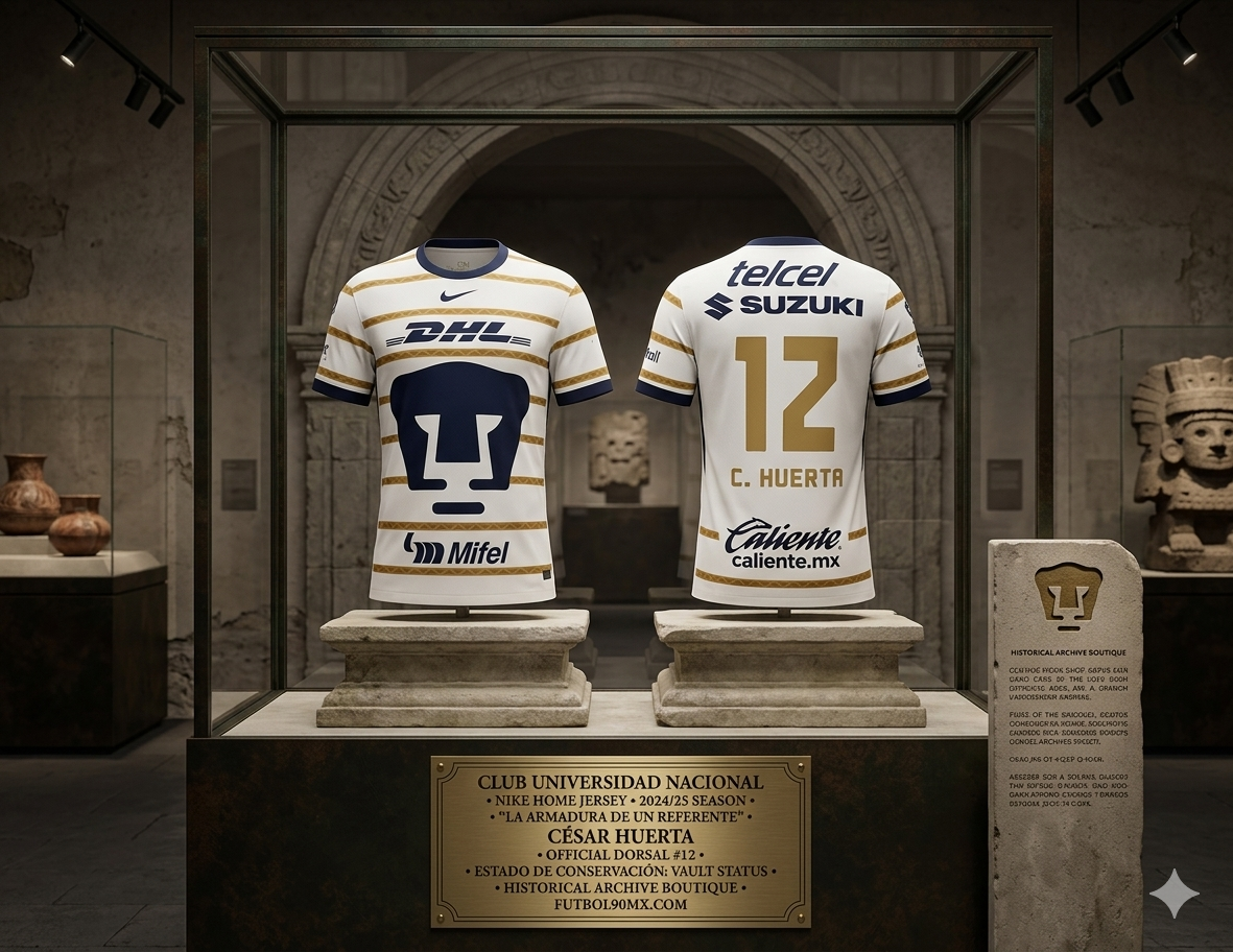 Render de exhibición de Futbol90MX: El jersey de César Huerta #12 en una vitrina de galería histórica con placa de identificación "La Armadura de un Referente" Nike FN8783-101