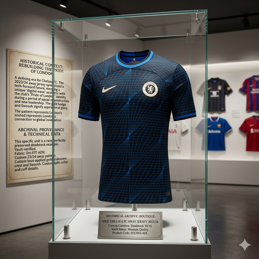 Composición artística "Vault Status" del jersey Chelsea FC Away 2023/24, optimizada para la exhibición en la Historical Archive Boutique Futbol90MX, Nike DX2683-428