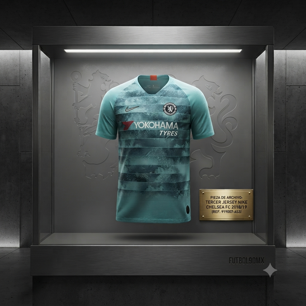 Presentación de archivo en vitrina del jersey Nike Chelsea FC Third 2018/19,   codigo 919007-453, autenticado por Historical Archive Boutique Futbol90MX.