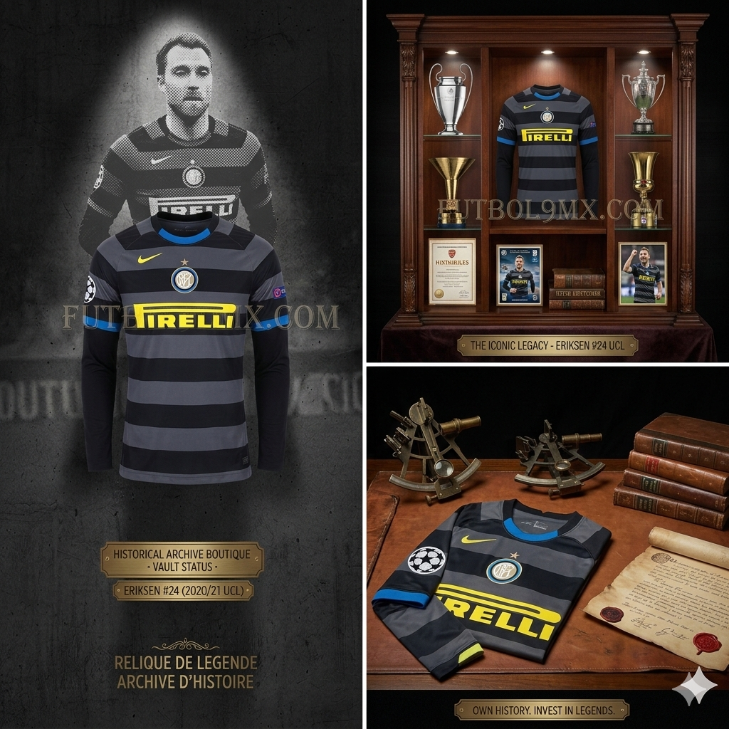 Composición de marketing de Futbol90MX mostrando la jersey de Christian Eriksen del Inter de Milán en un entorno de archivo histórico con trofeos y documentos antiguos