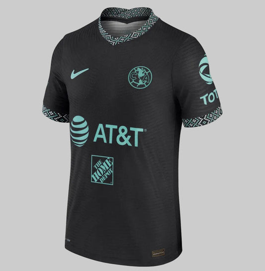 Jersey de jugador Nike DB5883-011 Club América Tercero 2021/22 en color carbón con logotipos en verde jade y tejido de tecnología avanzada Dri-FIT ADV.