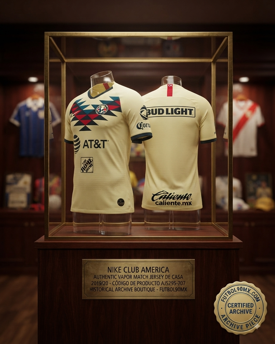 Exhibición de museo en vitrina de archivo con iluminación atmosférica del jersey Nike Club América Vapor Match 2019/20, codigo AJ5295-707, en Historical Archive Boutique Futbol90MX.