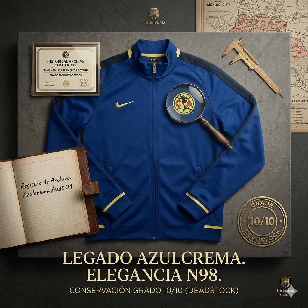 Acercamiento a través de una lupa al escudo tejido del Club América y el Swoosh amarillo crema sobre el tejido Gym Blue de la chamarra N98 2015/16.