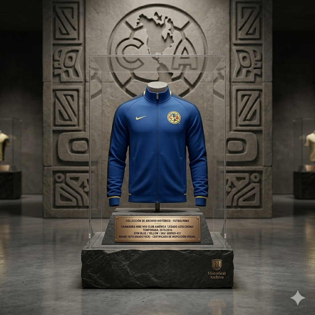 Chamarra Nike Club América N98 'Legado Azulcrema' 2015/16 exhibida en una vitrina de conservación de grado museo sobre un pedestal de piedra en el histórico archivo boutique de Futbol90MX.