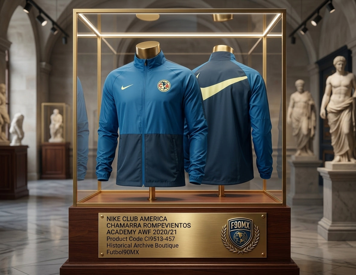 Vista de museo de la Chamarra rompevientos Nike Club América Academy AWF 2020/21 (Ref. CI9513-457) exhibida en una vitrina de colección de la Historical Archive Boutique de Futbol90MX