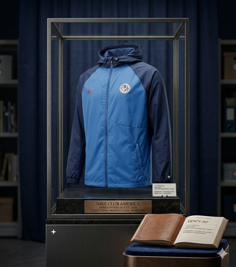 Chamarra Nike Club América Strike Woven 2023/24 exhibida en vitrina de archivo histórico con placa de bronce grabada, código de producto DV5037-409 y certificación Vault Status de Futbol90MX