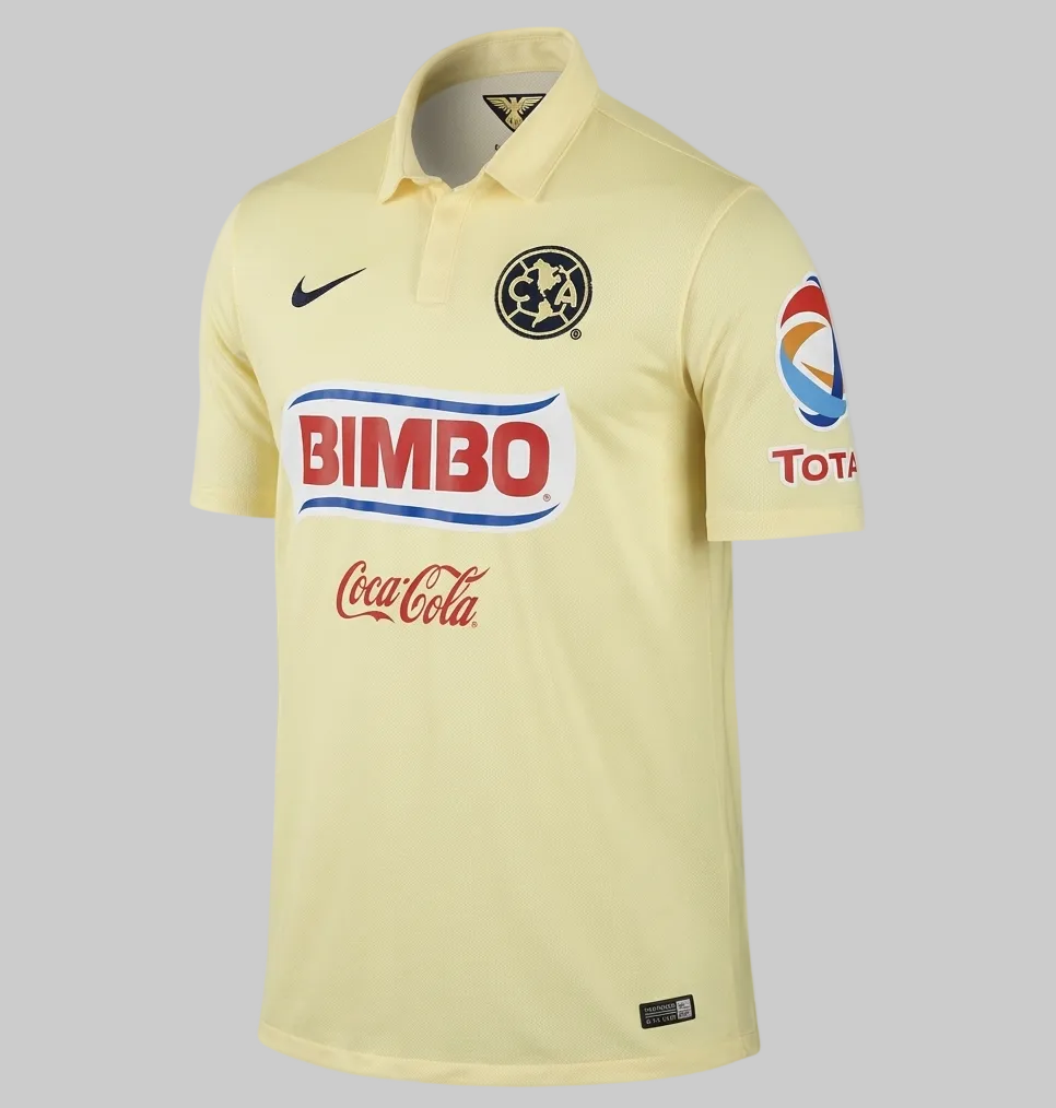 Jersey original Nike Club América Home Kit temporada 2014 2015 frente, color amarillo crema clásico con patrocinadores Bimbo y Coca-Cola, código 619163-707 en Futbol90MX