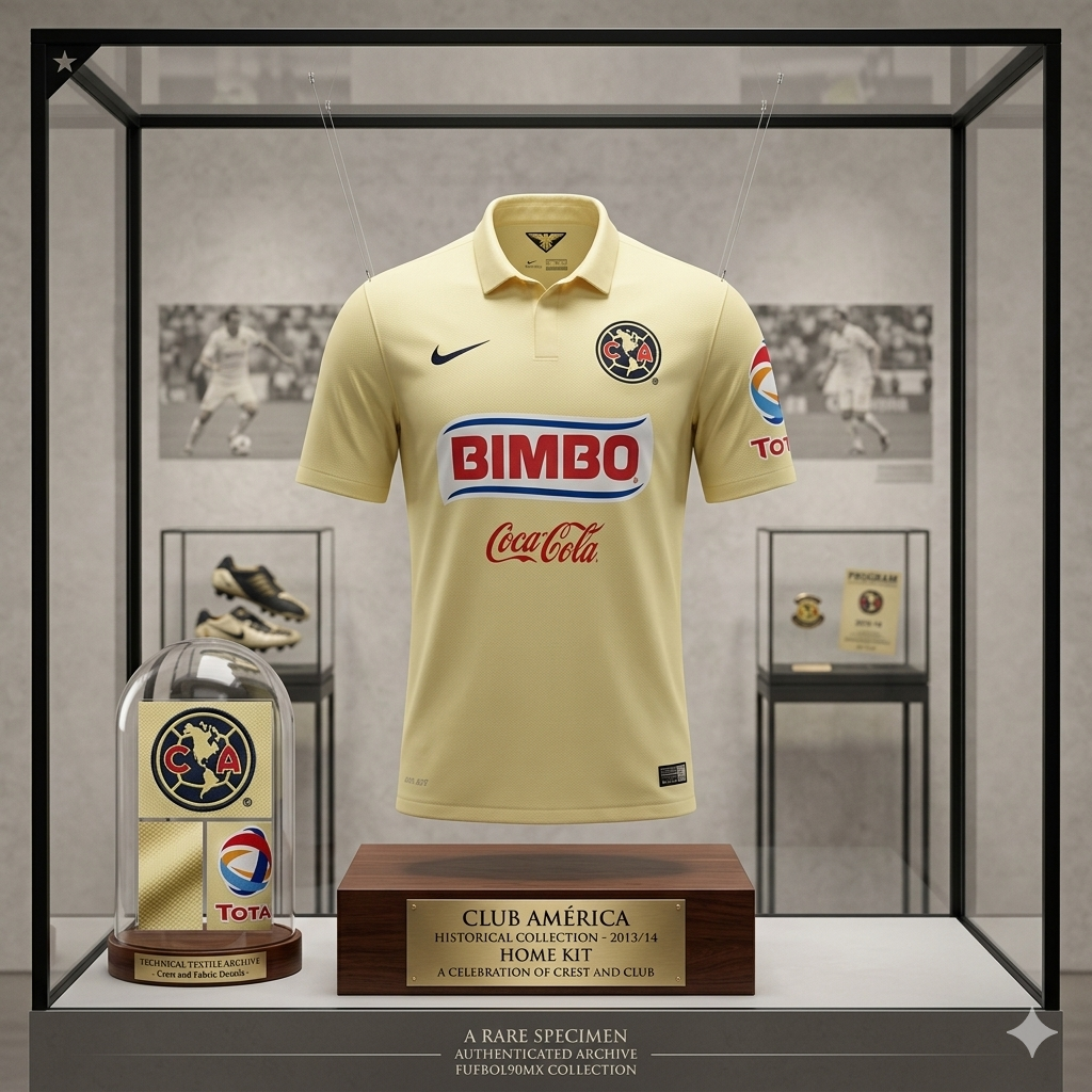 Jersey Nike Club América Local 2014 15 en vitrina de exhibición histórica de museo con placa conmemorativa, Vault Status original de época, Futbol90MX, codigo 619163-707