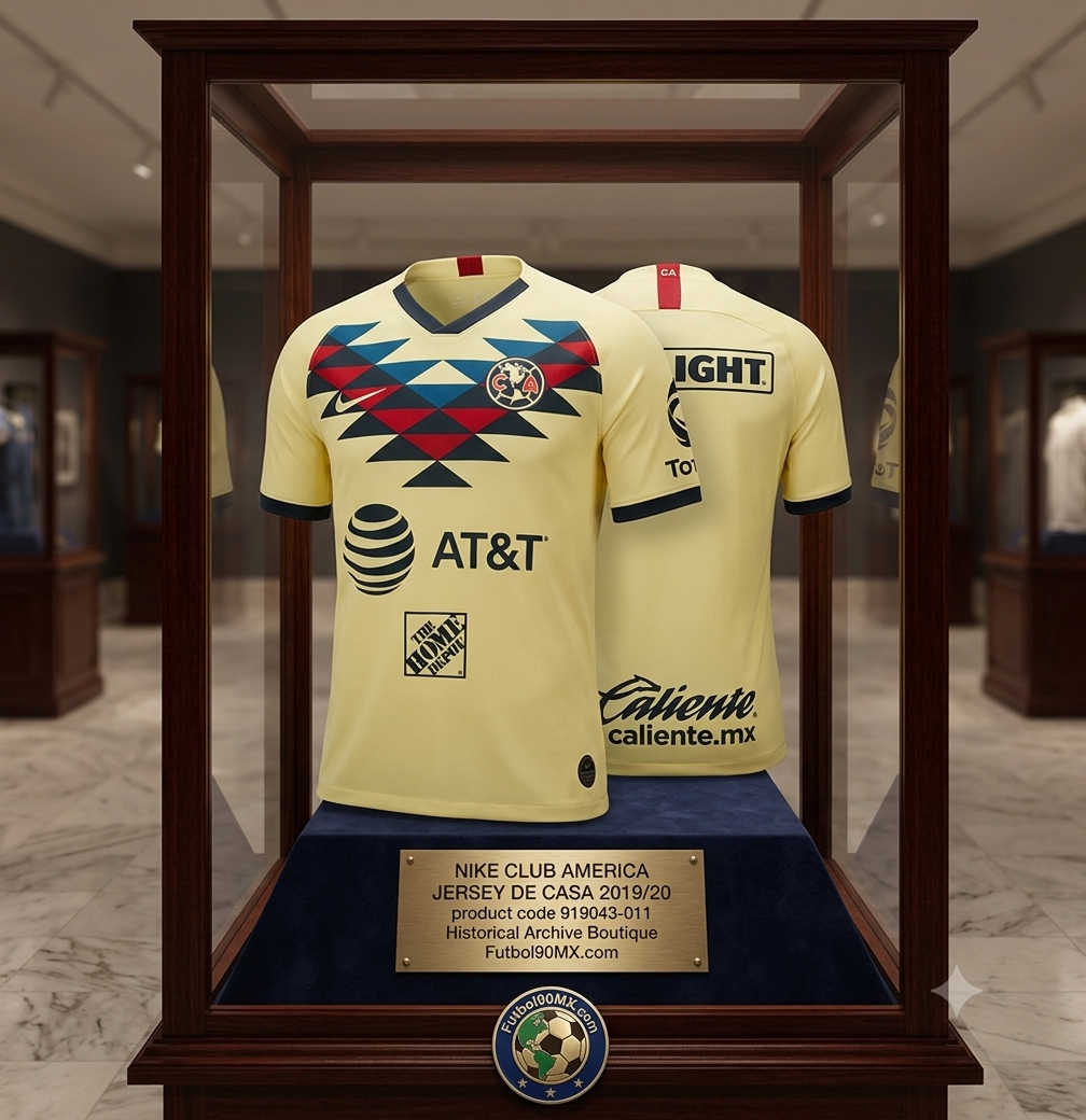 Jersey Nike Club América de local 2019/20, codigo AJ5527-707, exhibido en una vitrina de museo de la Historical Archive Boutique de Futbol90MX.