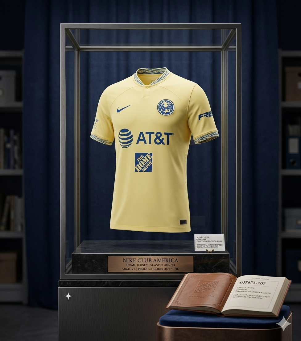 Jersey de Local Club América 2022/23 exhibido en una vitrina de archivo histórico de calidad museo, con iluminación dramática y una placa de bronce grabada que valida la autenticidad técnica con el código oficial de Nike DJ7673-707 y certificación Vault Status de Futbol90MX.