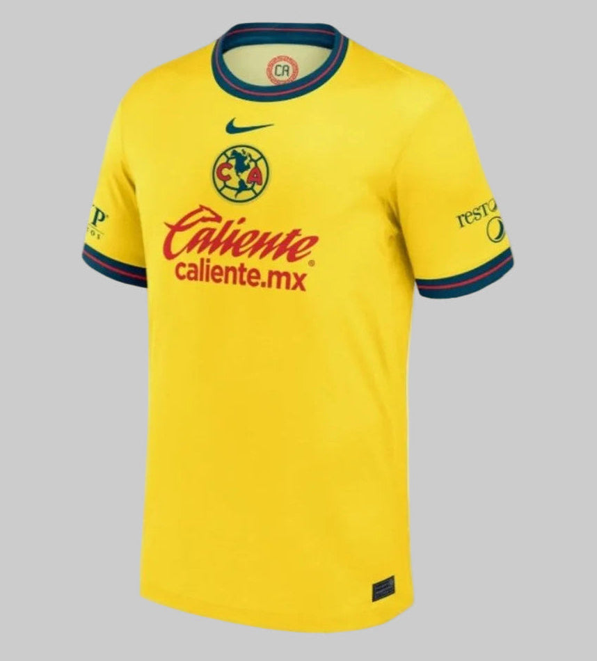 Jersey oficial Nike Club América Local 2024/25, color amarillo crema con detalles azul y rojo. Referencia de archivo original FN8778-720, Futbol90MX.