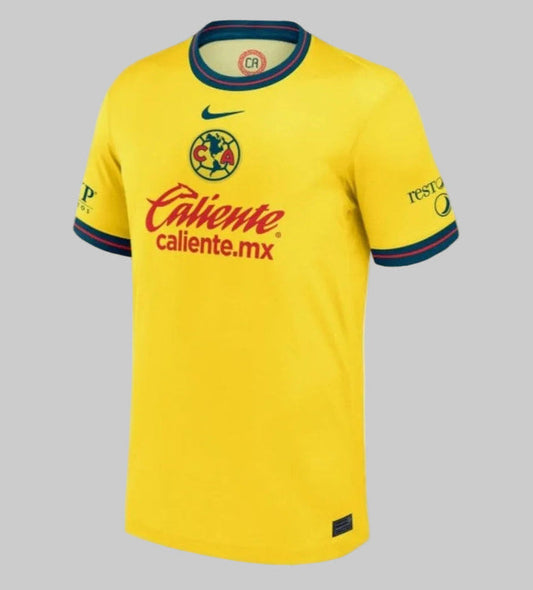 Jersey oficial Nike Club América Local 2024/25, color amarillo crema con detalles azul y rojo. Referencia de archivo original FN8778-720, Futbol90MX.