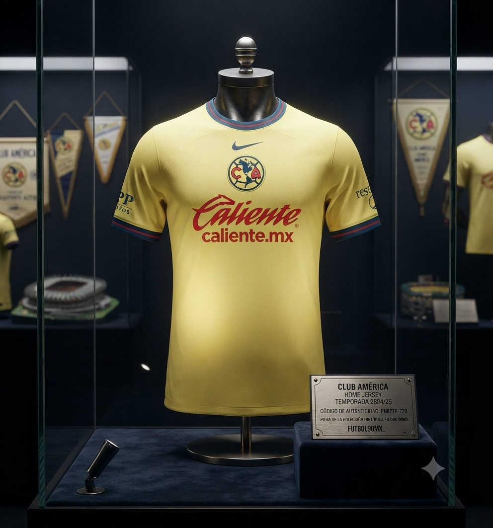 Exhibición museística del jersey local Club América 2024/25 dentro de vitrina de la Historical Archive Boutique Futbol90MX, con placa de identificación técnica FN8778-720.