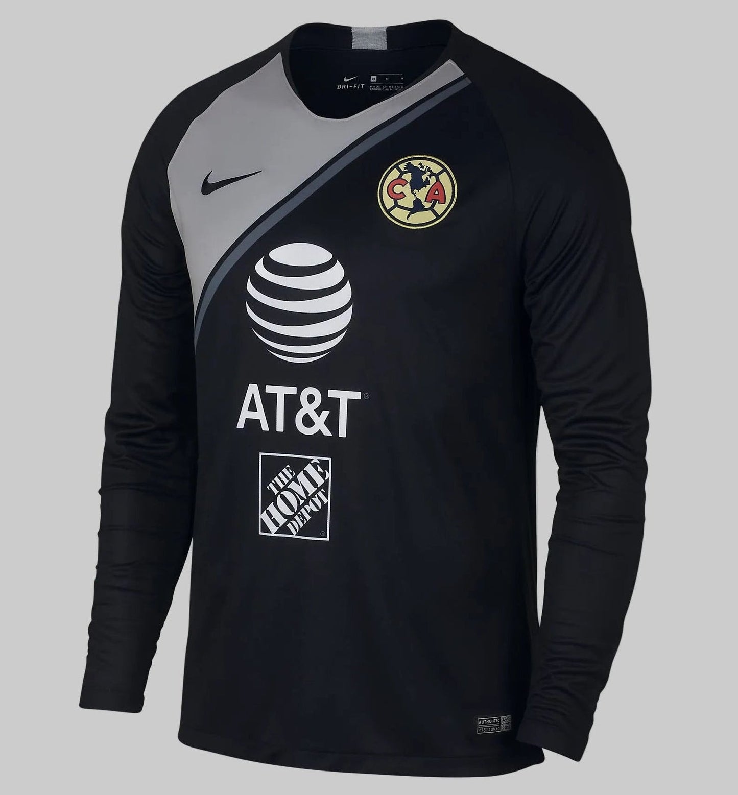 Nike Club América Jersey de portero local 2018/19, codigo 919043-011, manga larga color negro con bloque diagonal gris y patrocinios AT&T y The Home Depot en la Historical Archive Boutique de Futbol90MX.