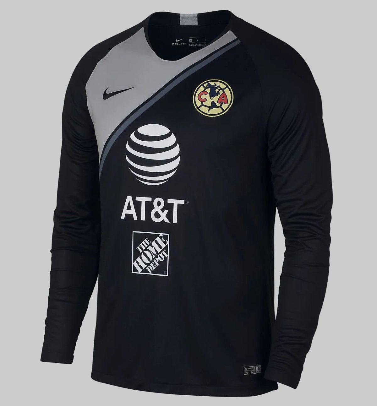 Nike Club América Jersey de portero local 2018/19, codigo 919043-011, manga larga color negro con bloque diagonal gris y patrocinios AT&T y The Home Depot en la Historical Archive Boutique de Futbol90MX.