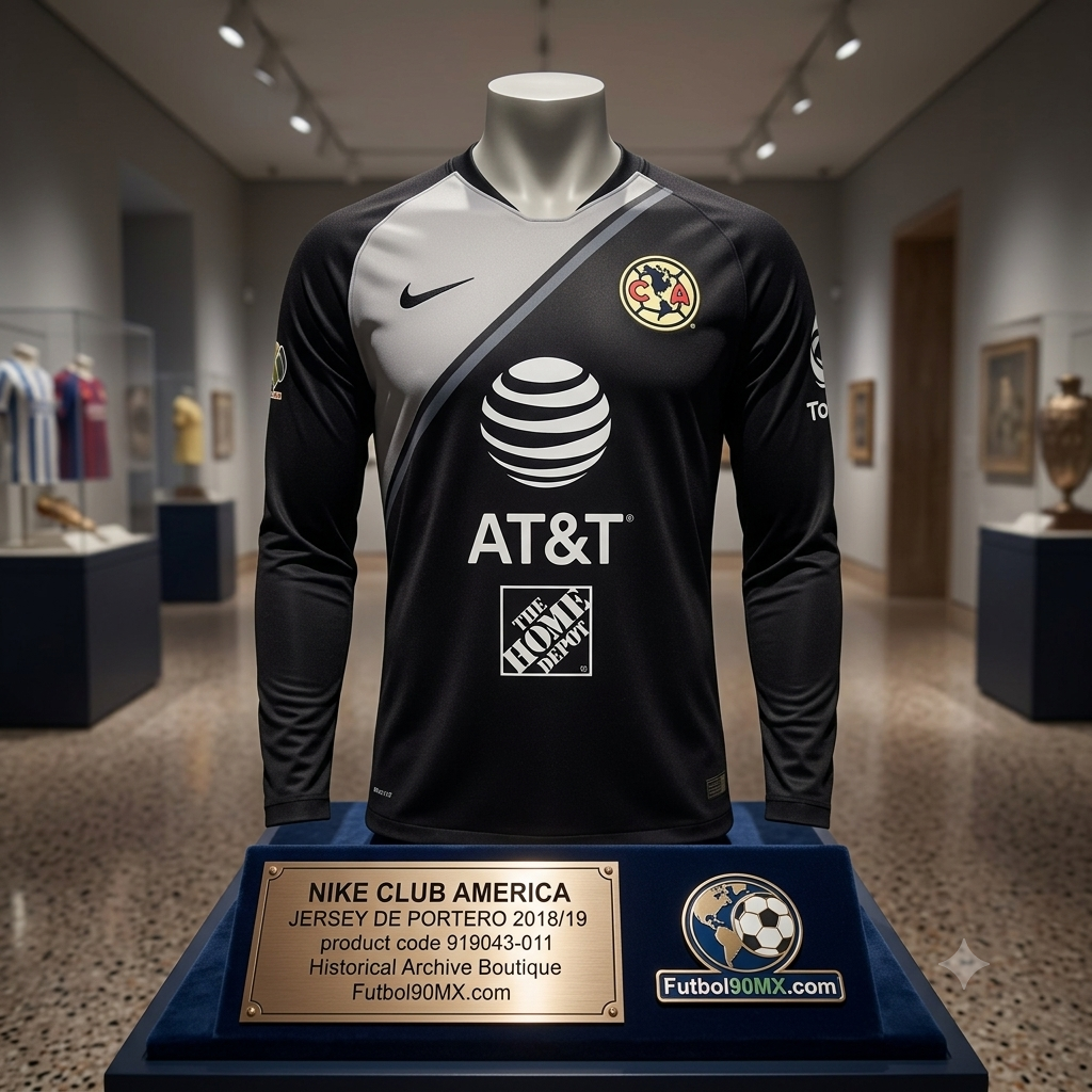 Jersey Nike Club América de portero local 2018/19, codigo 919043-011, manga larga exhibido en una vitrina de museo de la Historical Archive Boutique de Futbol90MX