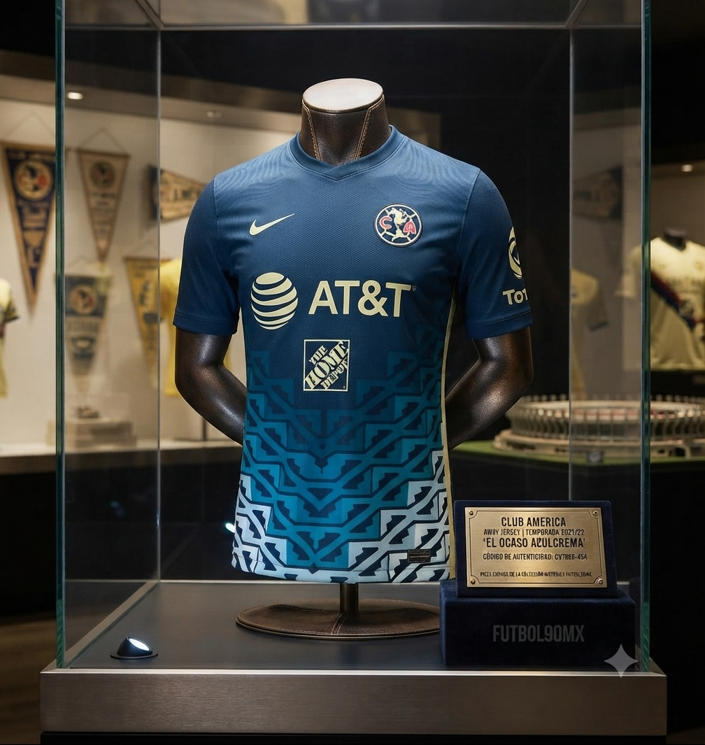 Jersey Nike de visita Club América 2021/22 exhibido en vitrina museística de la Historical Archive Boutique Futbol90MX, con placa de identificación "El Ocaso Azulcrema" y código CV7886-454.