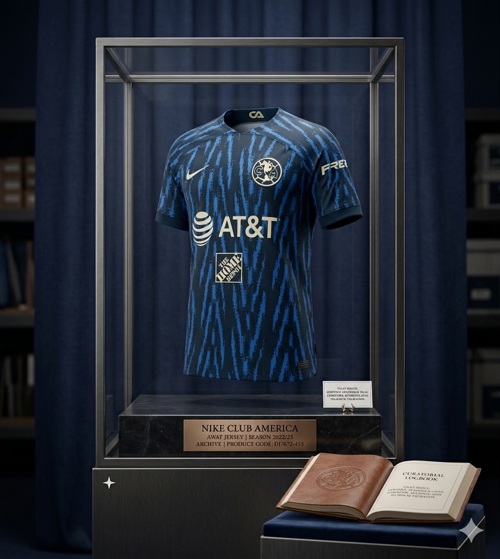 Jersey Nike Club América Visitante 2022/23 exhibido en vitrina de archivo histórico con placa grabada 'DJ7672-455' y sello Vault Status de Futbol90MX.