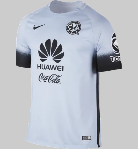 Vista frontal completa del tercer jersey Nike del Club América 2016 (código 709526-469) en tono azul claro con el escudo circular clásico y los patrocinadores Huawei y Coca-Cola, disponible en Futbol90MX