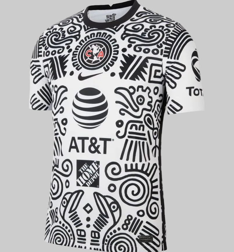 Vista frontal del jersey de la tercera equipación 2020/21 del Club América (Código: CV3707-100) con patrones gráficos aztecas en Historical Archive Boutique Futbol90MX.
