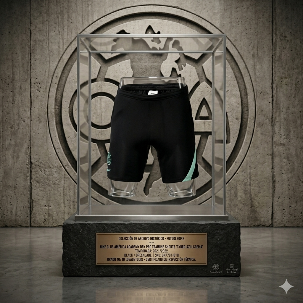 Shorts Nike Club América 'Cyber-Azulcrema' 2021/22 exhibidos en vitrina de conservación sobre pedestal de piedra con placa técnica DH7721-010 en el archivo de Futbol90MX.