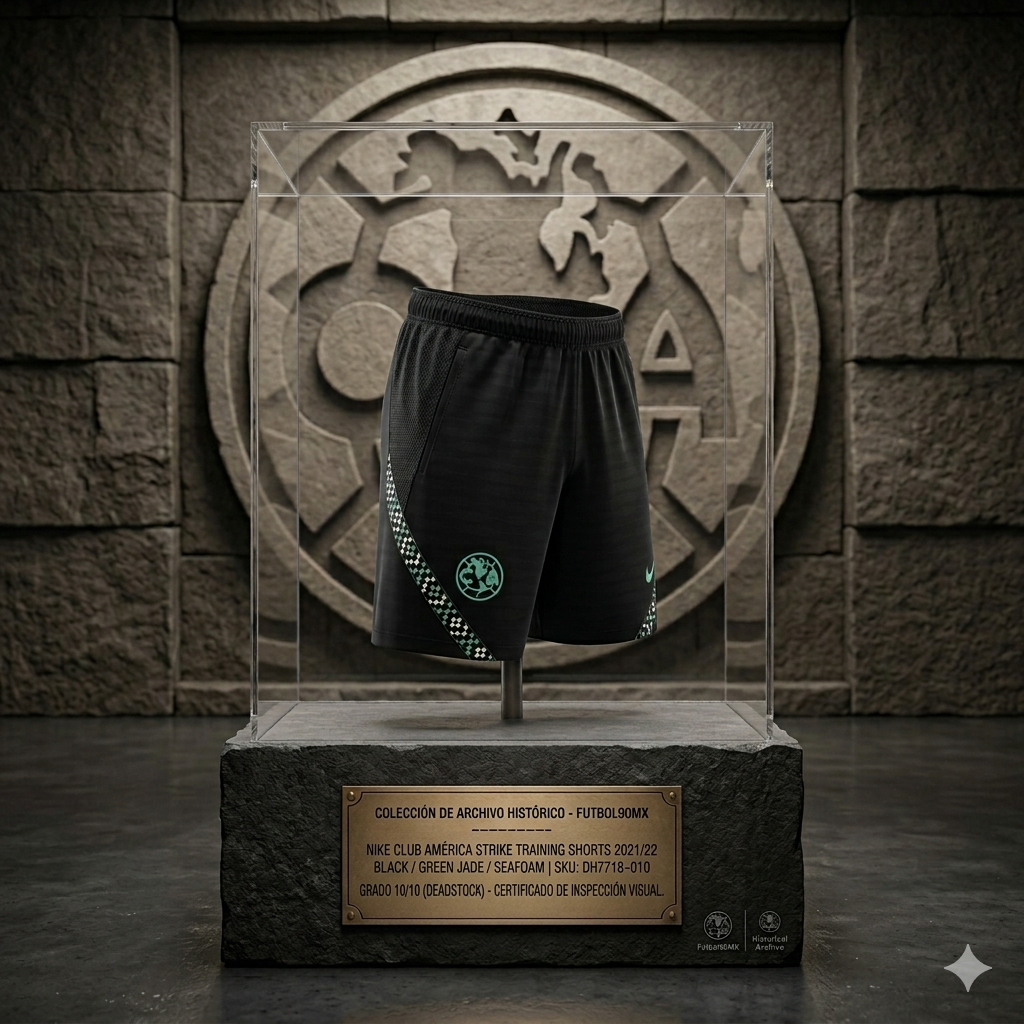 Shorts Nike Strike Club América 2021/22 presentados en vitrina de museo con placa de bronce técnica DH7718-010 en la boutique Futbol90MX.