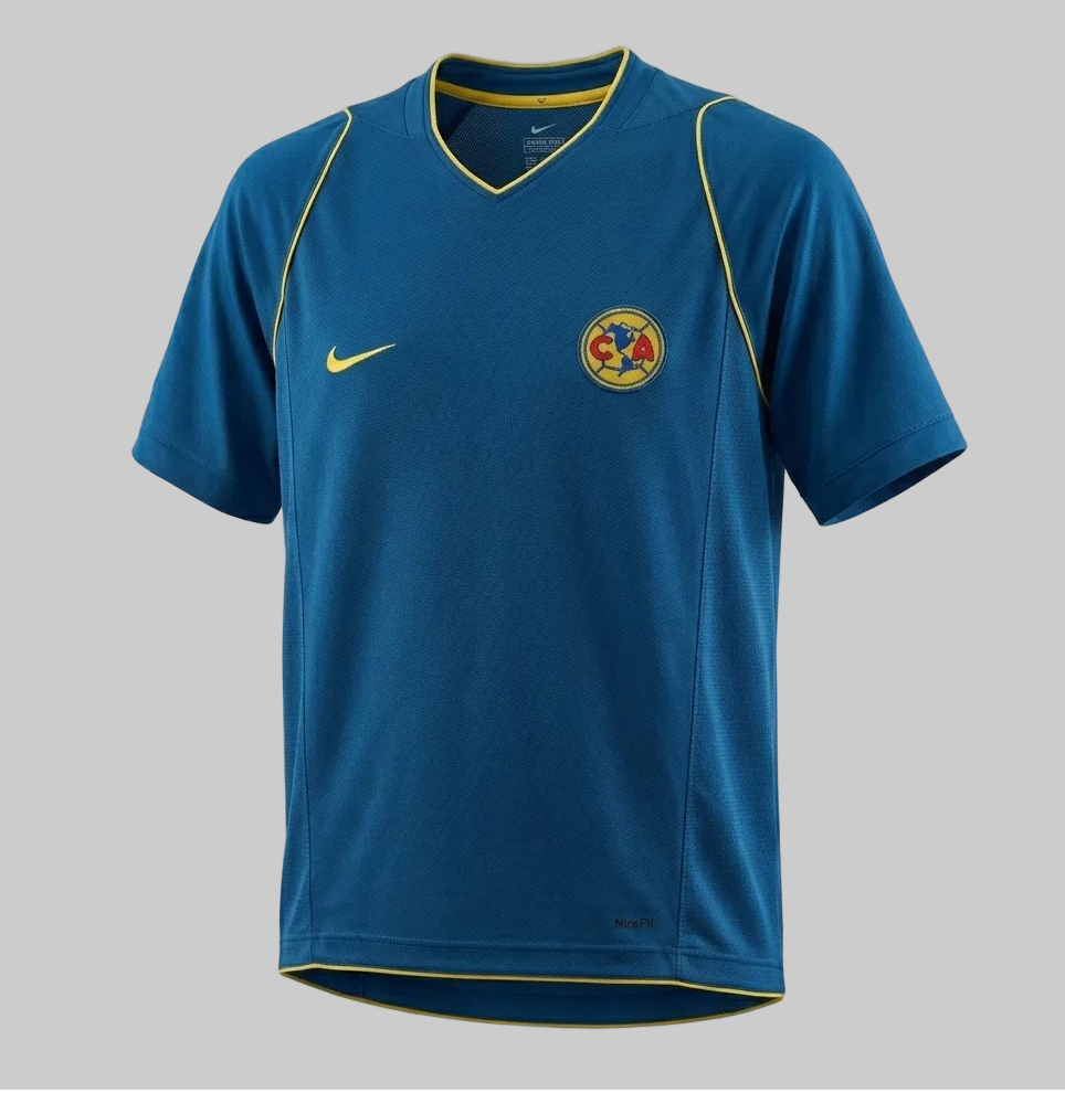Jersey de entrenamiento Nike de Club América temporada 2005 06, formato ghost mannequin frente, color azul con vivos amarillos, código de autenticidad 149215-430 en Futbol90MX