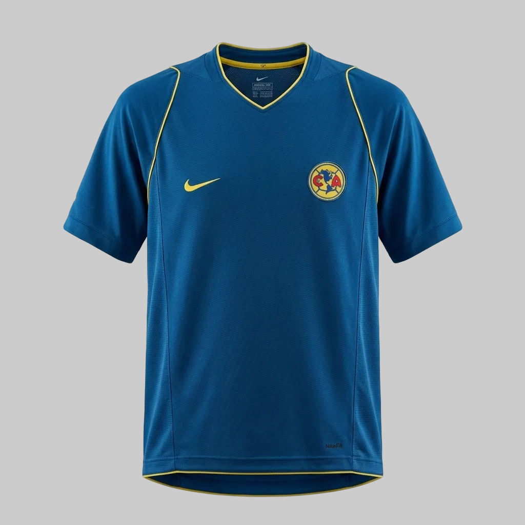 Vista frontal del Jersey de entrenamiento Nike de Club América 2005 06, color azul con vivos amarillos, código de autenticidad 149215-430 en Futbol90MX