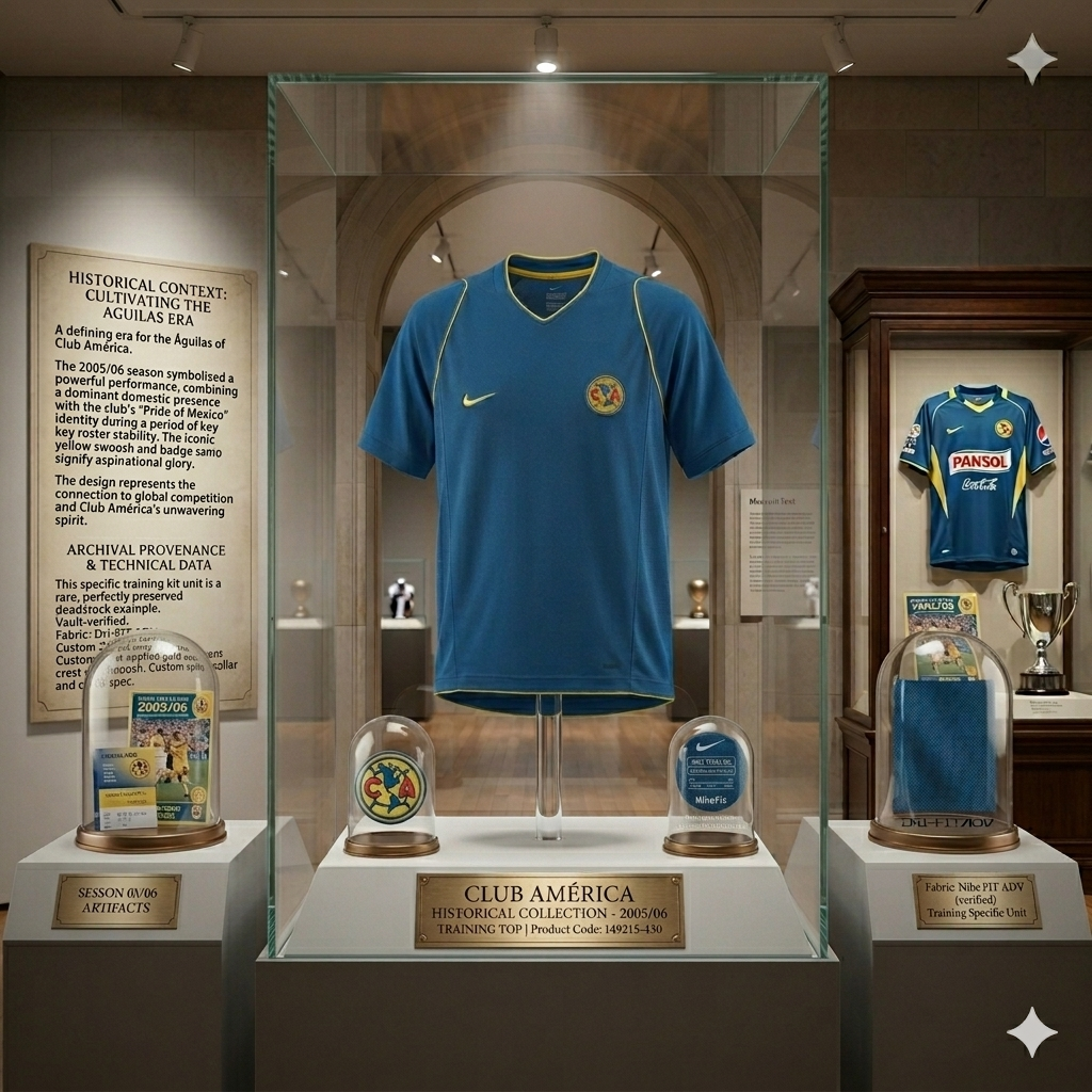 Colección histórica de jerseys Nike Total 90 del Club América en vitrinas de museo iluminadas, artículo original deadstock con etiquetas de la era de Coapa en Futbol90MX codigo 149215-430
