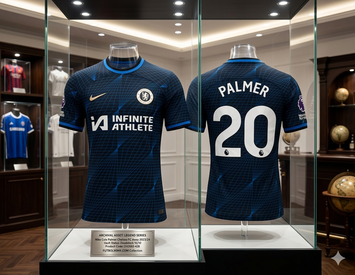 Imagen de marketing "Museum Quality" que resalta los detalles técnicos y la identidad visual de la Legend Series para Cole Palmer, en el Jersey Nike Chelsea FC Away 2023/24, codigo DX2683-428, disponible en Futbol90MX