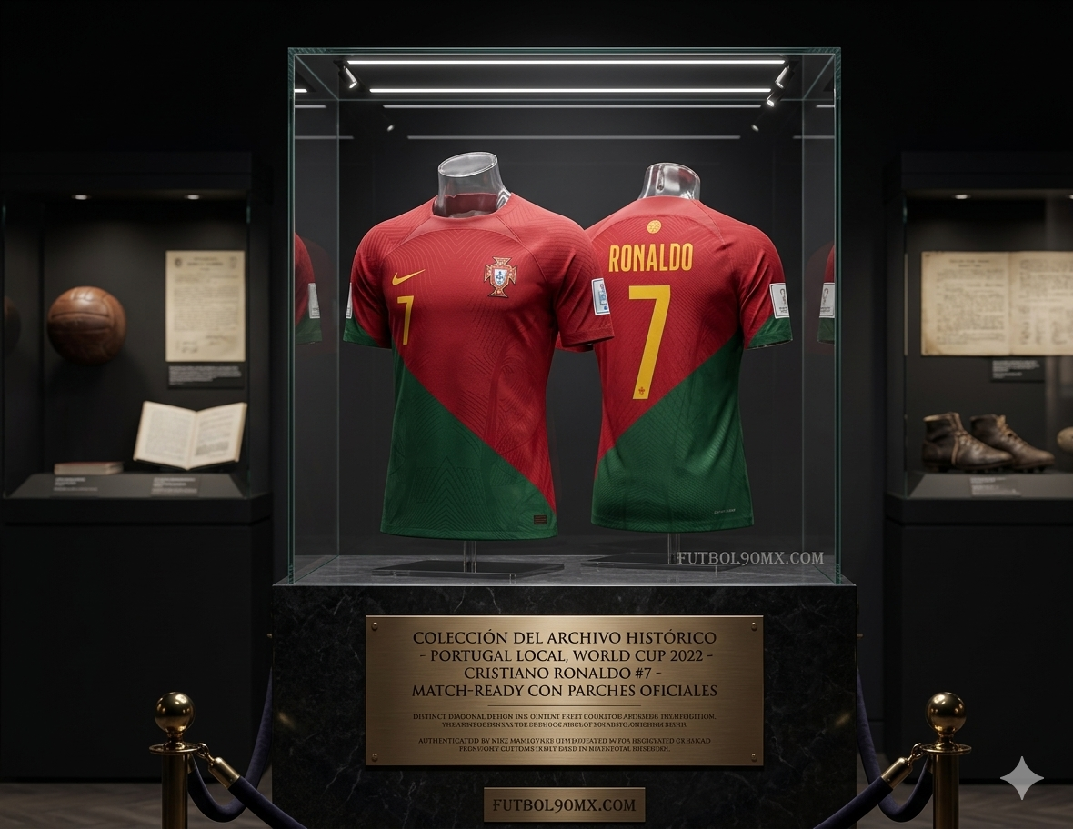 Jersey oficial Cristiano Ronaldo Portugal Copa Mundial 2022 (DN0627-628) en vitrina premium estilo museo. Edición Match Nike ADV, personalización oficial y parches FIFA. Archivo histórico Futbol90MX.
