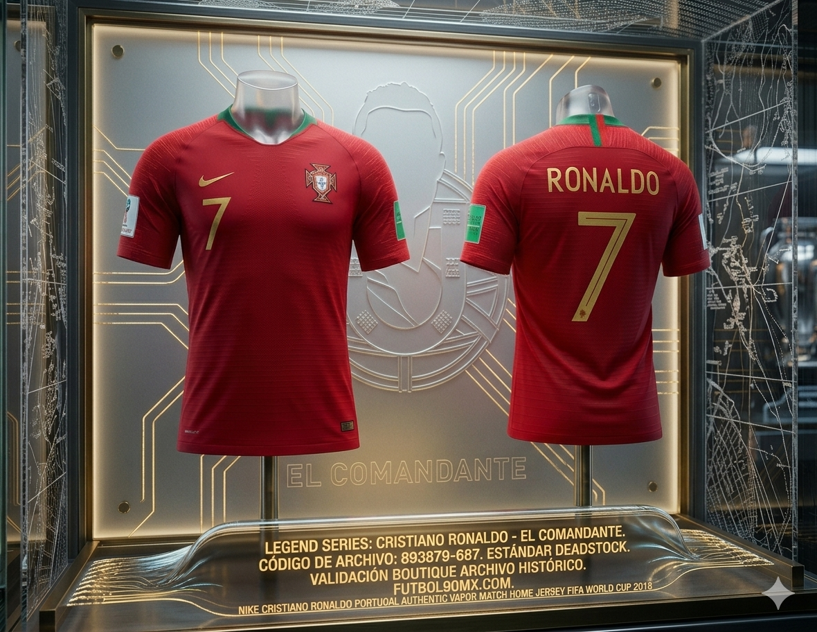 Activo de archivo: Jersey Nike Portugal 2018 'Authentic Vapor Match' de Cristiano Ronaldo (893879-687) exhibido en vitrina con placa técnica, condición Deadstock, en Boutique Archivo Historico Futbol90MX