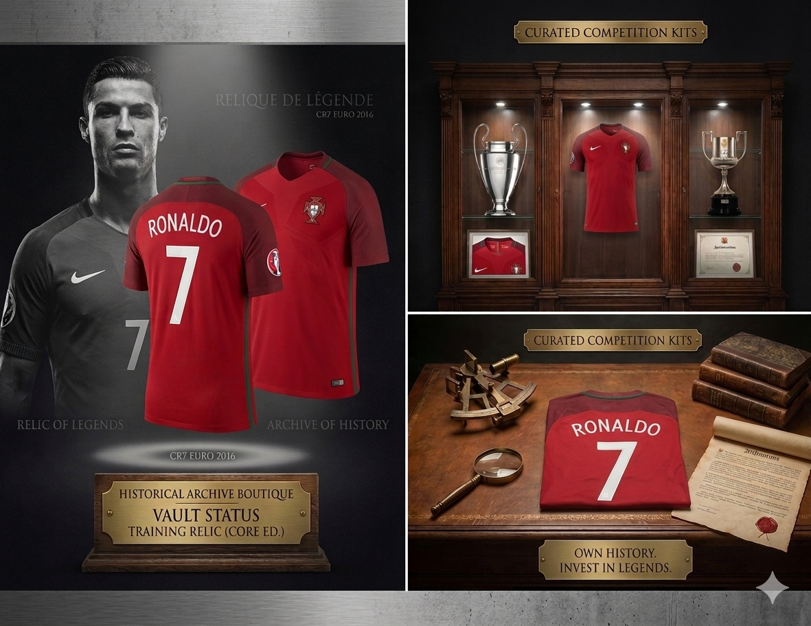 Composición visual de la Historical Archive Boutique presentando el jersey de CR7 como activo de inversión para el mercado 2026.