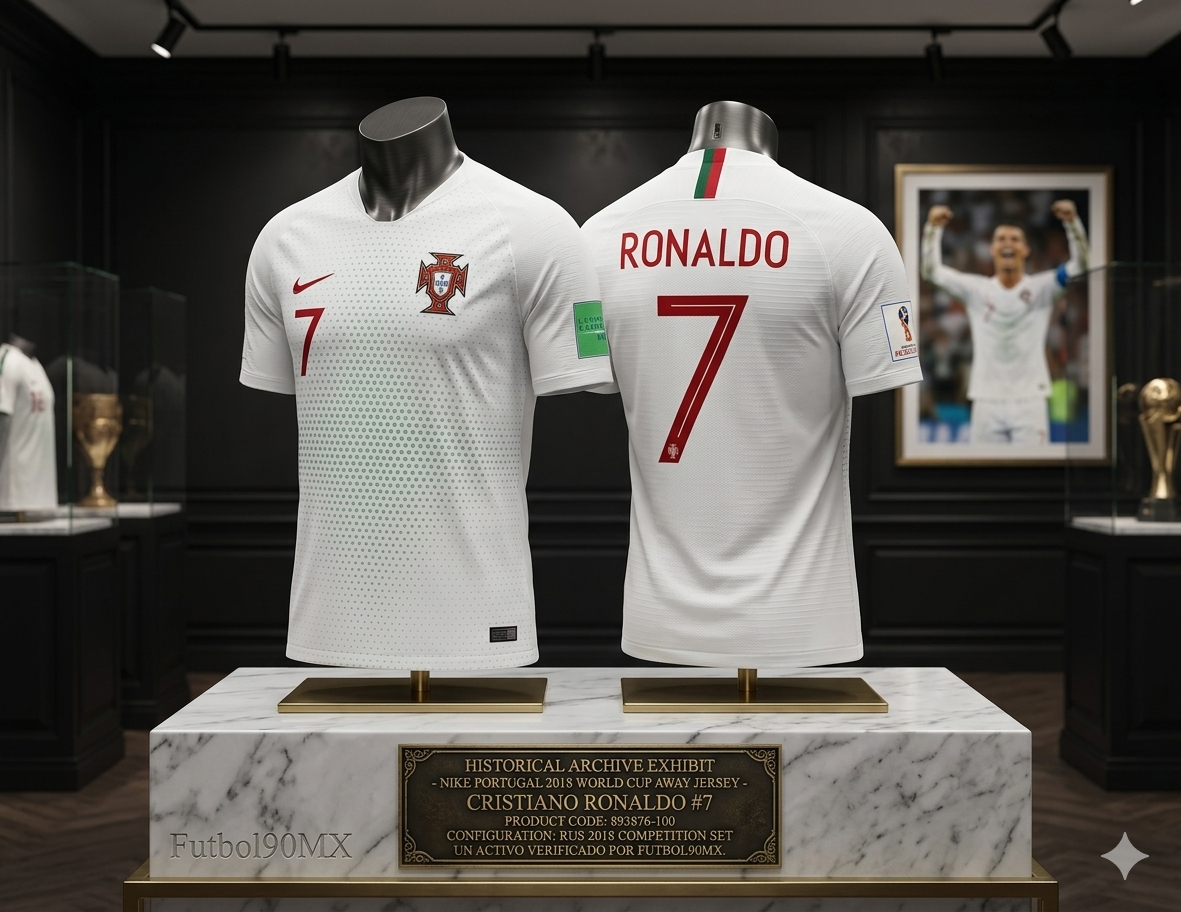 Exhibición de archivo histórico de Jersey Portugal 2018 Cristiano Ronaldo en vitrina de galería de lujo activo verificado Futbol90MX Nike 893876-100