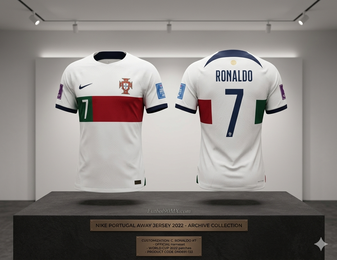 Exhibición de museo del jersey Nike de Portugal 2022 personalizado como Cristiano Ronaldo #7. La pieza flota sobre un pedestal de piedra con placas doradas que detallan la edición, los parches oficiales de FIFA y el código de producto DN0691-133 en un entorno de archivo elegante en Futbol90MX