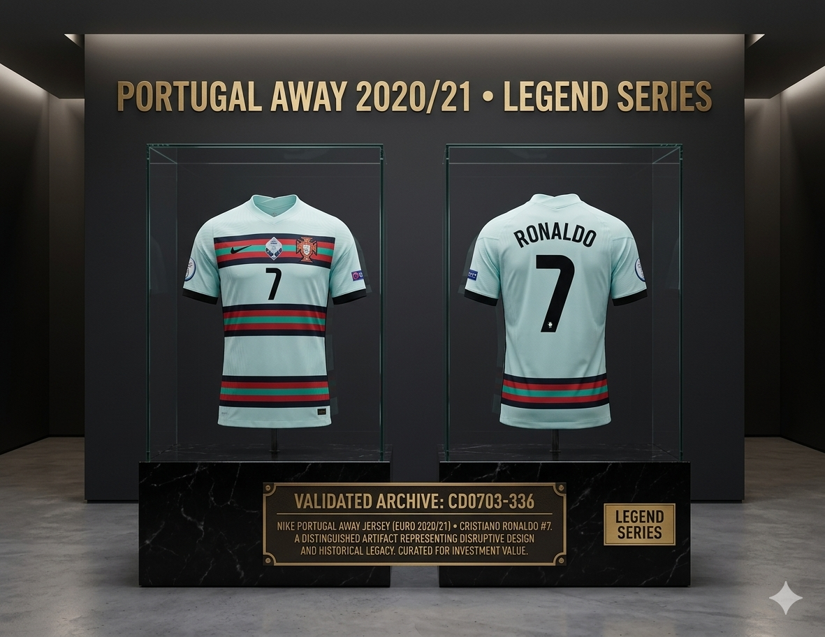 Exhibición museográfica de Futbol90MX mostrando el jersey de Cristiano Ronaldo Portugal 2020/21 en vitrina de cristal sobre base de mármol, con placa técnica que valida el código de estilo CD0703-336.