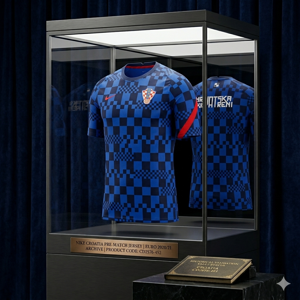 Jersey Nike Croacia Pre-Partido Euro 2020/21 en vitrina de exhibición de museo con placa técnica de bronce y certificado de Vault Status.