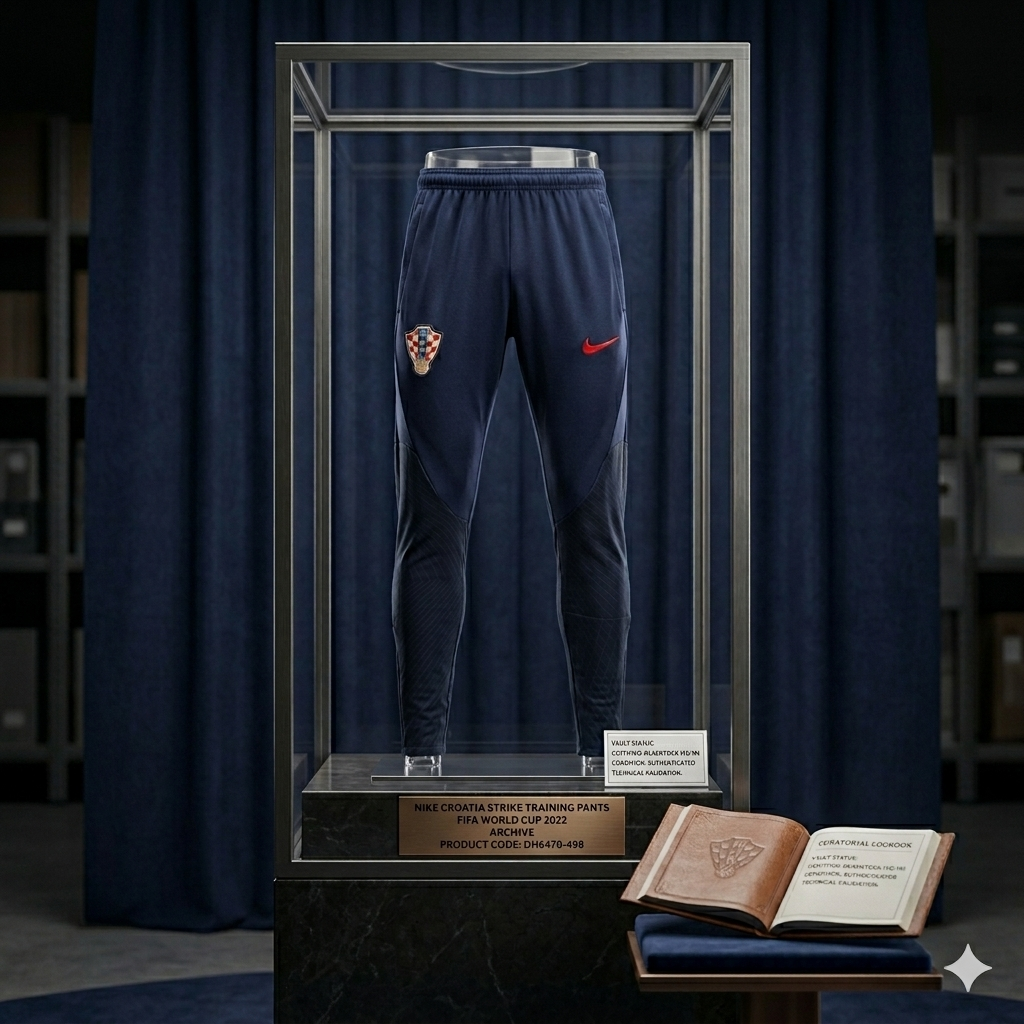 Pants Nike Croacia Strike Mundial 2022 presentados en vitrina de exhibición con placa de bronce grabada 'DH6478-498' y sello de Vault Status de Futbol90MX.