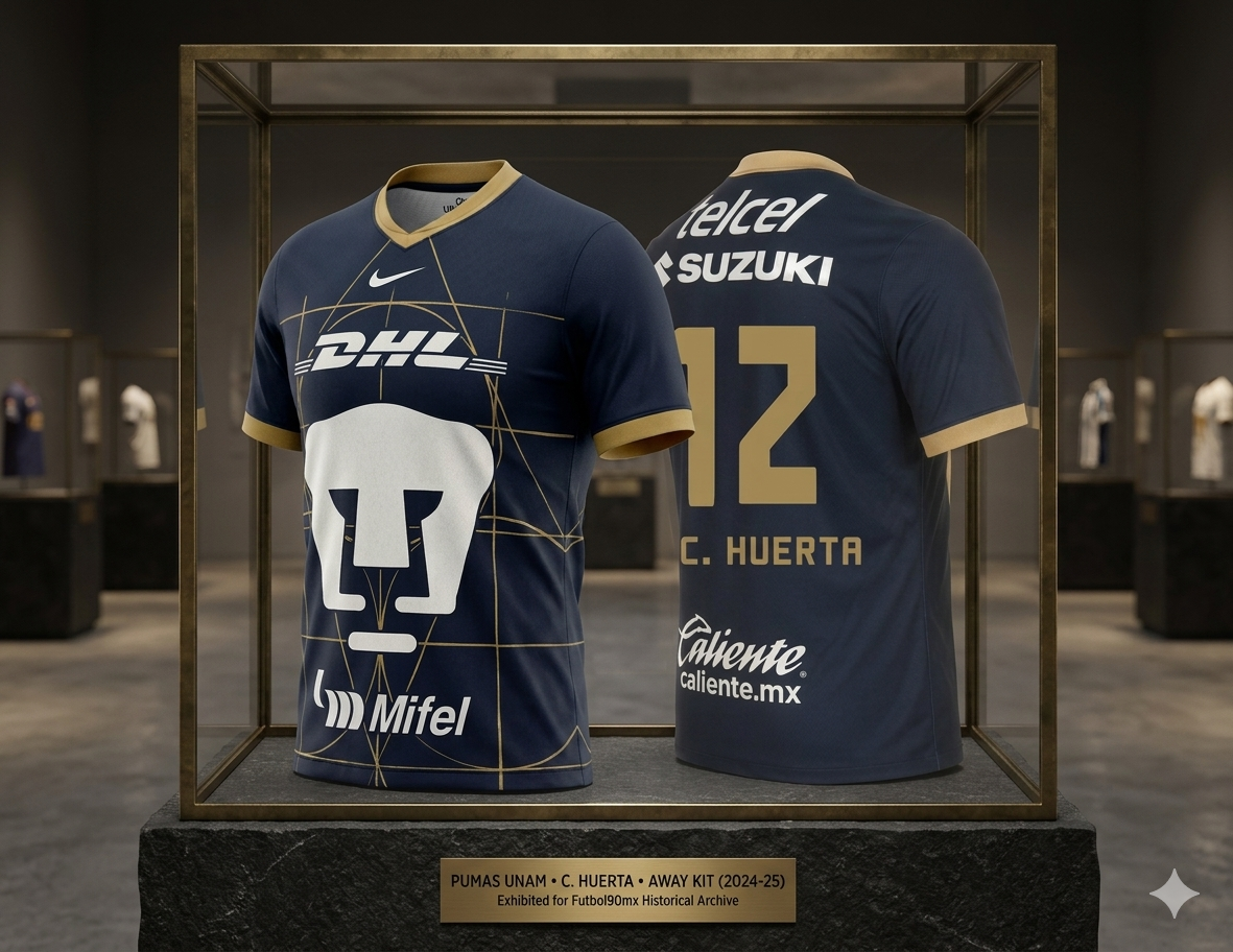 Jersey Pumas UNAM Away 2024/25 con tipografia oficial de Cesar "Chino" Huerta exhibido en vitrina de archivo histórico, resaltando el escudo monumental y el patrón geométrico arquitectónico Nike FN8782-452 en Futbol90MX