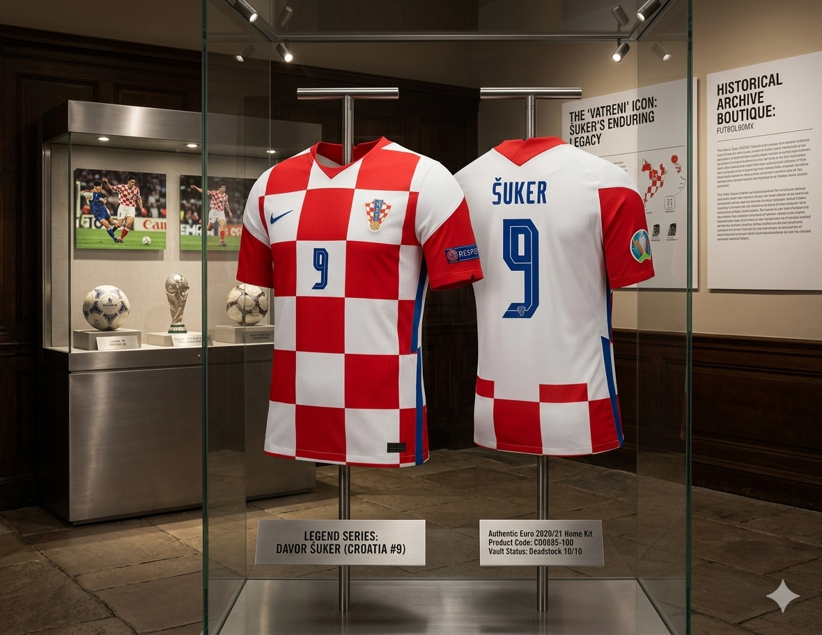Composición artística de archivo del jersey Nike Croacia Euro 2020/21 de Davor Šuker (#9) con parches oficiales, exhibido en un entorno de galería digital "Vault Status" en Futbol90MX, codigo: CD0695-100