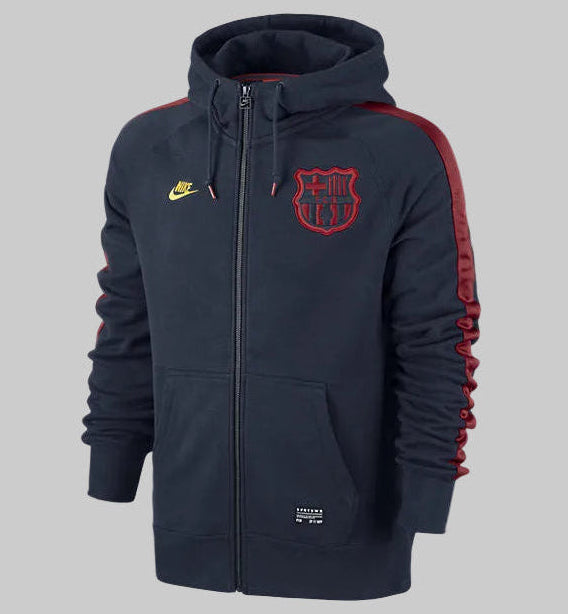 Vista frontal completa de la sudadera Nike FC Barcelona AW77 Covert Full Zip 2014/15 (Art. 635886-451) en color azul marino con detalles granate y escudo del club en Futbol90MX.